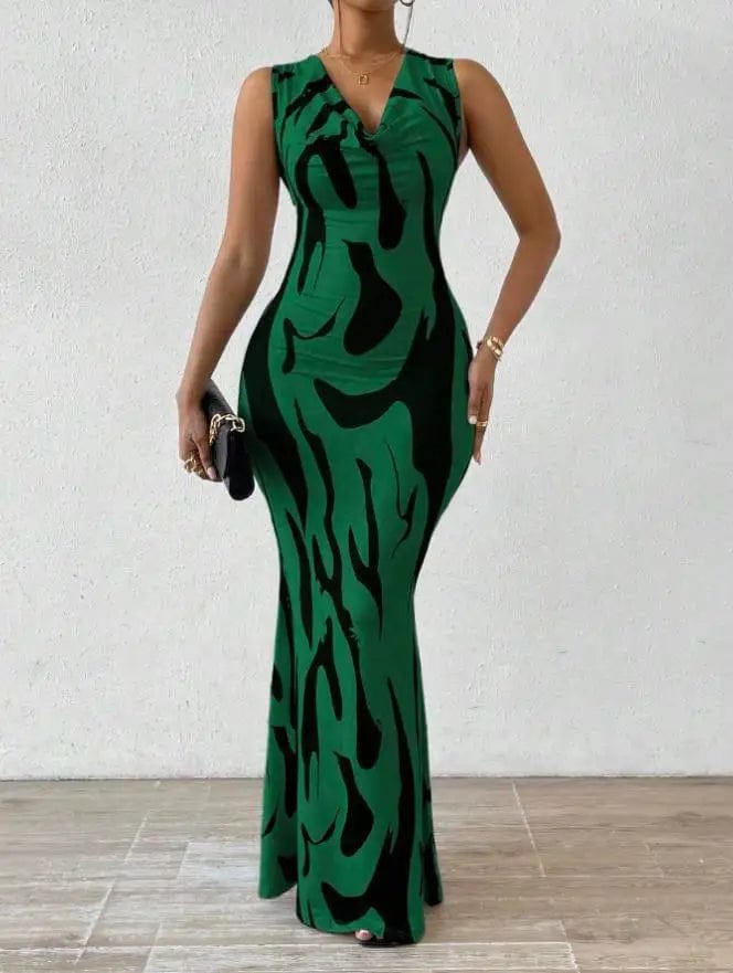 Sexy Bodycon Package hip Party Women's Long Dresses Summer Print Sleeveless Pile Collar Slim Skinny Party Maxi Dress For Women - SHOWLU FASHION STORE
