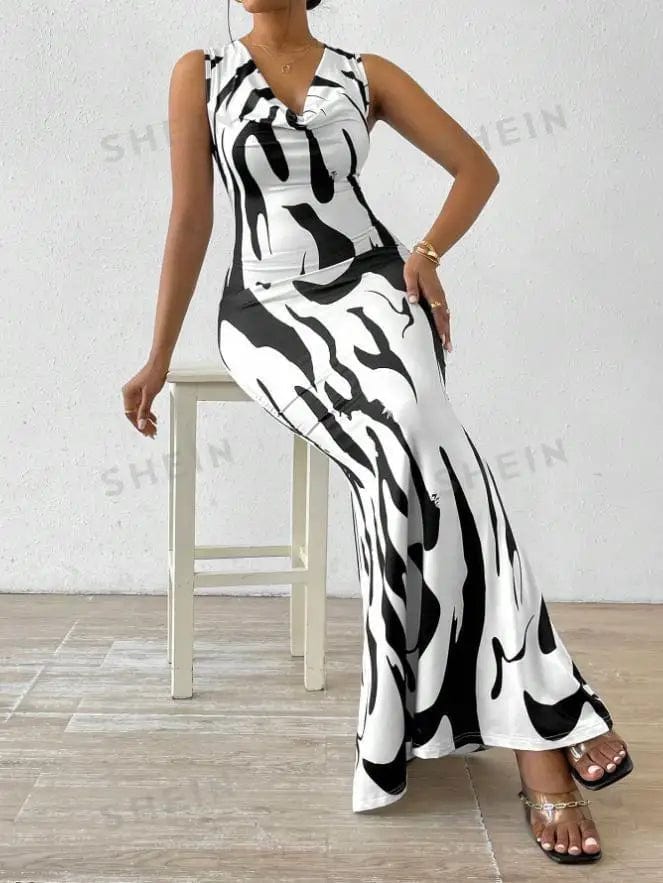 Sexy Bodycon Package hip Party Women's Long Dresses Summer Print Sleeveless Pile Collar Slim Skinny Party Maxi Dress For Women - SHOWLU FASHION STORE