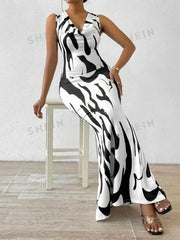 Sexy Bodycon Package hip Party Women's Long Dresses Summer Print Sleeveless Pile Collar Slim Skinny Party Maxi Dress For Women - SHOWLU FASHION STORE