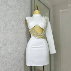 Sexy Club Party Night Pearl String Dresses for Women Skinny Slim Full Sleeve Elegant Dress Birthday Party Vestidos Mini Dresses - SHOWLU FASHION STORE