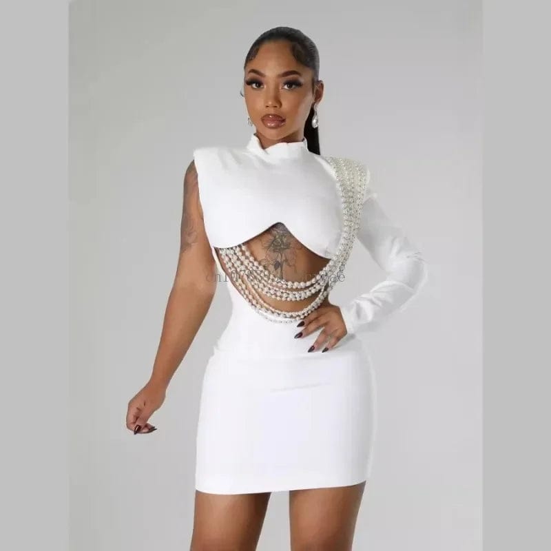 Sexy Club Party Night Pearl String Dresses for Women Skinny Slim Full Sleeve Elegant Dress Birthday Party Vestidos Mini Dresses - SHOWLU FASHION STORE