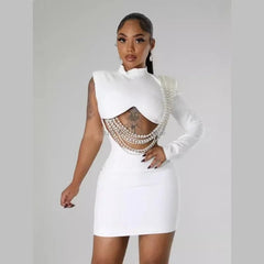 Sexy Club Party Night Pearl String Dresses for Women Skinny Slim Full Sleeve Elegant Dress Birthday Party Vestidos Mini Dresses - SHOWLU FASHION STORE