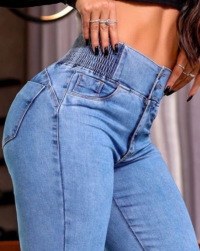 Sexy Elegant New Fashion 2024 Casual Female Trouser Bottom Back Shirred Button Front High Waist Jeans - SHOWLU FASHION STORE