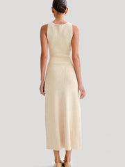 Sexy High Slit Button Women Maxi Dress Apricot Sleeveless Round Neck Dress Summer Skinny Elegant Party Beachwear - SHOWLU FASHION STORE
