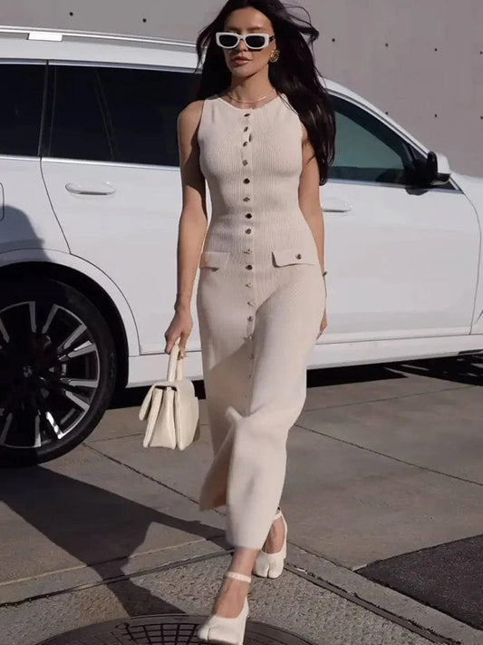 Sexy High Slit Button Women Maxi Dress Apricot Sleeveless Round Neck Dress Summer Skinny Elegant Party Beachwear - SHOWLU FASHION STORE