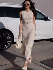 Sexy High Slit Button Women Maxi Dress Apricot Sleeveless Round Neck Dress Summer Skinny Elegant Party Beachwear - SHOWLU FASHION STORE