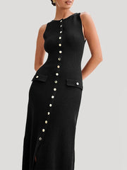 Sexy High Slit Button Women Maxi Dress Apricot Sleeveless Round Neck Dress Summer Skinny Elegant Party Beachwear - SHOWLU FASHION STORE