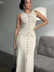 Sexy High Slit Button Women Maxi Dress Apricot Sleeveless Round Neck Dress Summer Skinny Elegant Party Beachwear - SHOWLU FASHION STORE