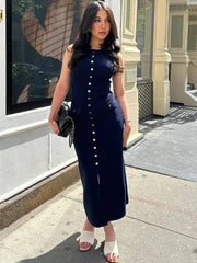Sexy High Slit Button Women Maxi Dress Apricot Sleeveless Round Neck Dress Summer Skinny Elegant Party Beachwear - SHOWLU FASHION STORE