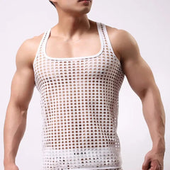 Sexy Men Vest Hollow Out Mesh Sleepwear Fish Net Pure Color Vest - SHOWLU FASHION STORE
