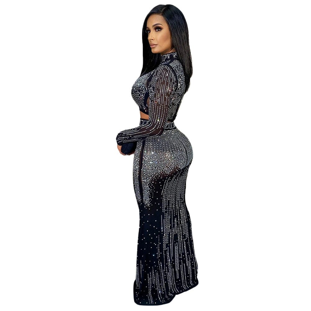 Sexy Mesh Long Sleeve Rhinestone Dress Two Pieces Dress New - SHOWLU FASHION STORE