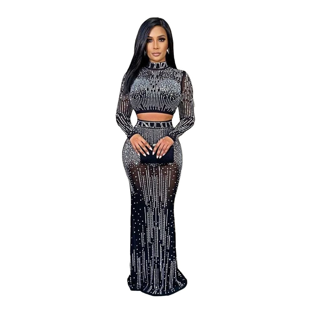 Sexy Mesh Long Sleeve Rhinestone Dress Two Pieces Dress New - SHOWLU FASHION STORE