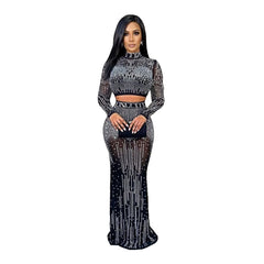 Sexy Mesh Long Sleeve Rhinestone Dress Two Pieces Dress New - SHOWLU FASHION STORE
