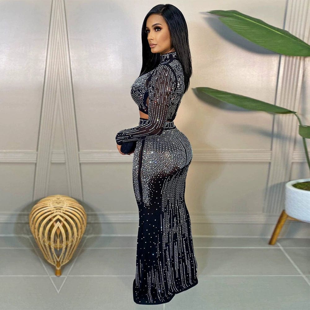 Sexy Mesh Long Sleeve Rhinestone Dress Two Pieces Dress New - SHOWLU FASHION STORE