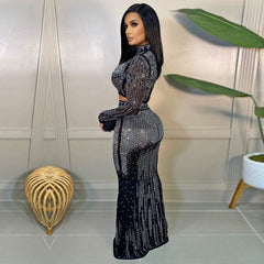 Sexy Mesh Long Sleeve Rhinestone Dress Two Pieces Dress New - SHOWLU FASHION STORE