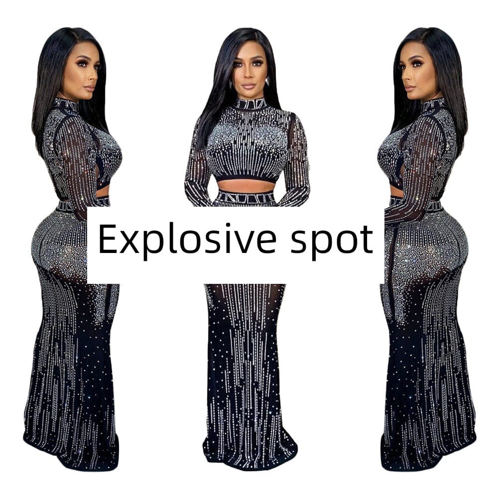 Sexy Mesh Long Sleeve Rhinestone Dress Two Pieces Dress New - SHOWLU FASHION STORE