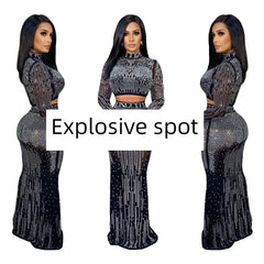 Sexy Mesh Long Sleeve Rhinestone Dress Two Pieces Dress New - SHOWLU FASHION STORE