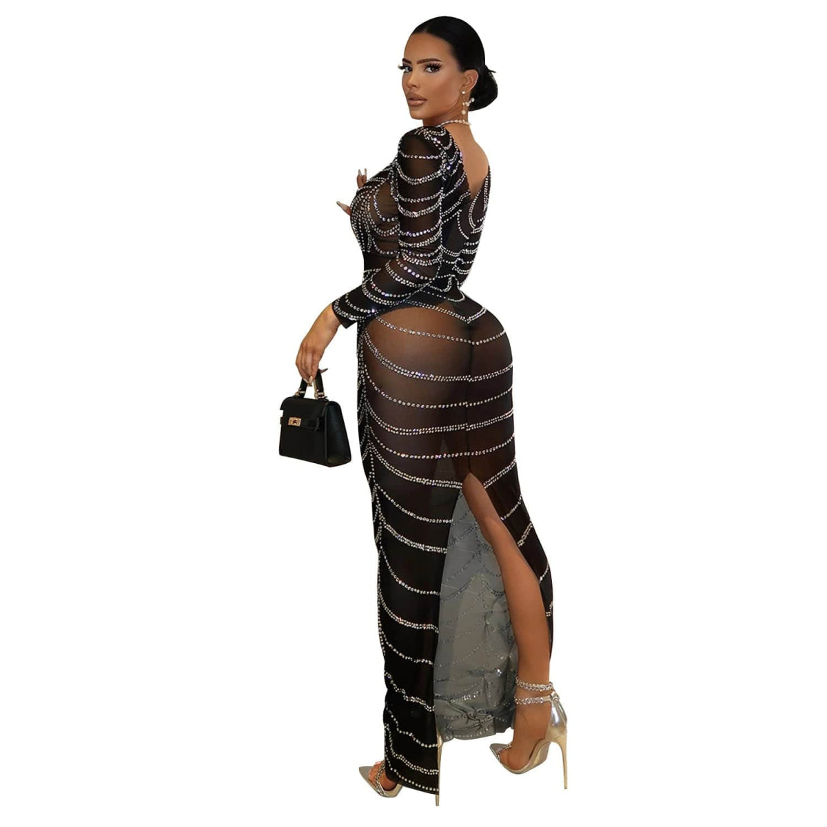 Sexy Party Long Mesh Patchwork Dress Sexy Rhinestone Mesh Patchwork Dress - SHOWLU FASHION STORE