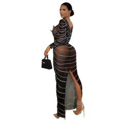 Sexy Party Long Mesh Patchwork Dress Sexy Rhinestone Mesh Patchwork Dress - SHOWLU FASHION STORE