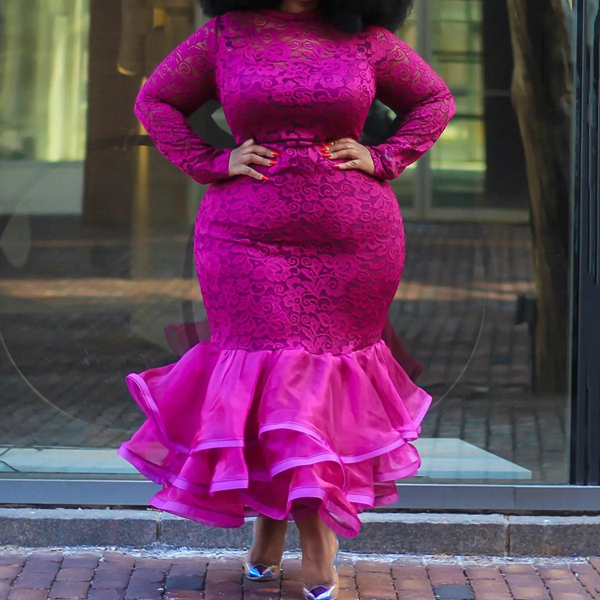 Sexy Pink Lace Party Dress Night Club Bodycon Mermaid Full Sleeve High Waisted Elegant Evening Dinner Vestidos Mujer Dresses Hot - SHOWLU FASHION STORE