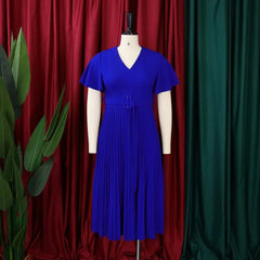 Sexy V - neck Flying Sleeve Pleated Dress for Women Solid Belted A - line Part Vestidos Elegant Fashion High Streetwear Summer Robe - SHOWLU FASHION STORE