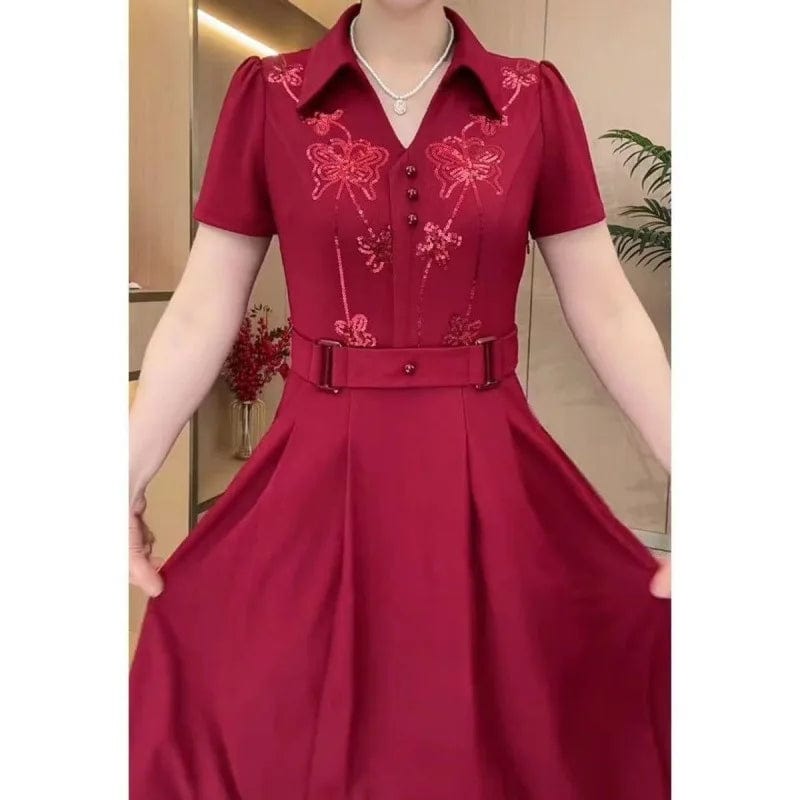 Short - sleeved dress female summer 2024 new fashion temperament slim loose waist design sense sequined long skirt. - SHOWLU FASHION STORE