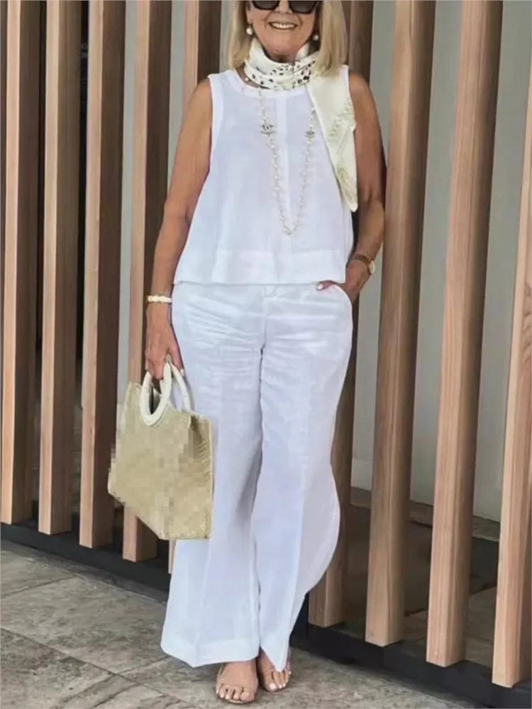 Simple Cotton Linen Women's Suits Summer Fashion Sleeveless Loose Blouse Wide Leg Pants Two Piece Set For Women Casual Outfits - SHOWLU FASHION STORE