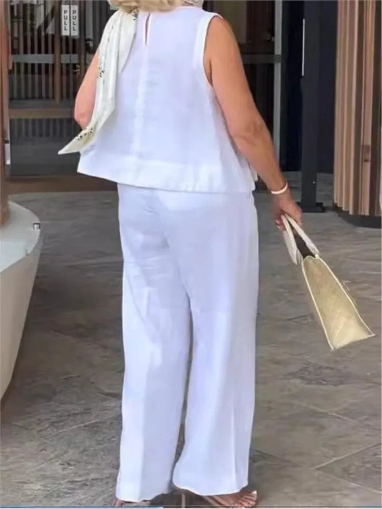 Simple Cotton Linen Women's Suits Summer Fashion Sleeveless Loose Blouse Wide Leg Pants Two Piece Set For Women Casual Outfits - SHOWLU FASHION STORE