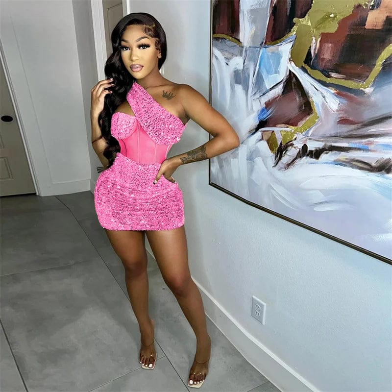 Skinny Slim See Through Mesh Women Sexy Party Dress Birthday Girls Sequins Glitter Inclined Shoulder Nightclub Dress Red Black - SHOWLU FASHION STORE