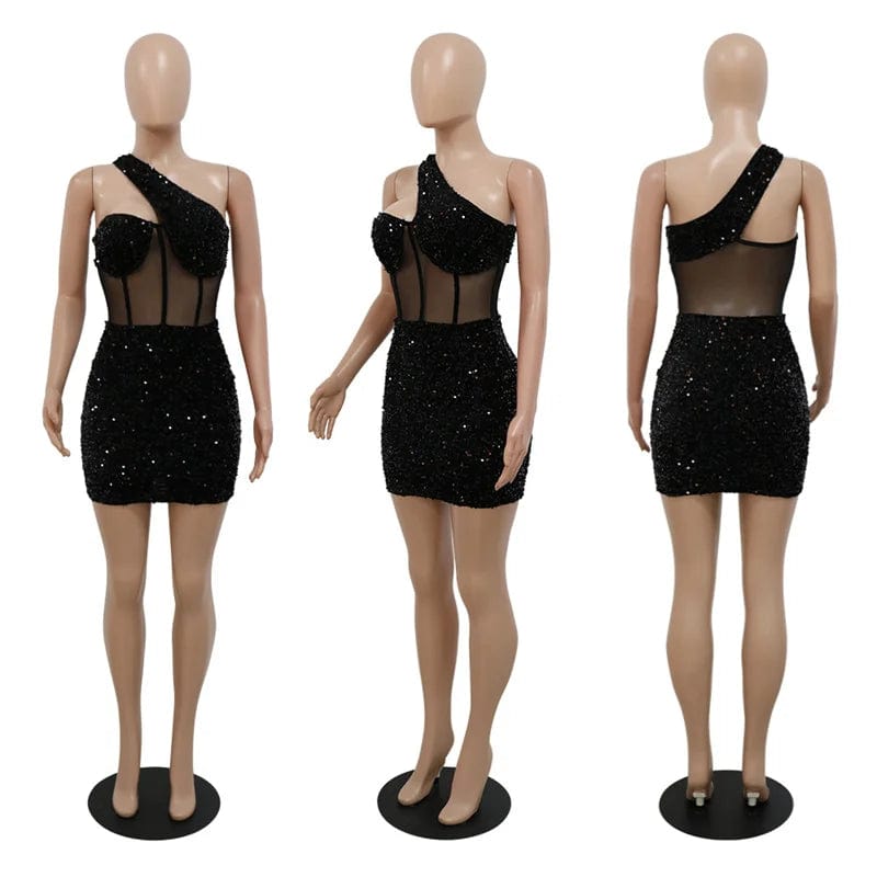 Skinny Slim See Through Mesh Women Sexy Party Dress Birthday Girls Sequins Glitter Inclined Shoulder Nightclub Dress Red Black - SHOWLU FASHION STORE