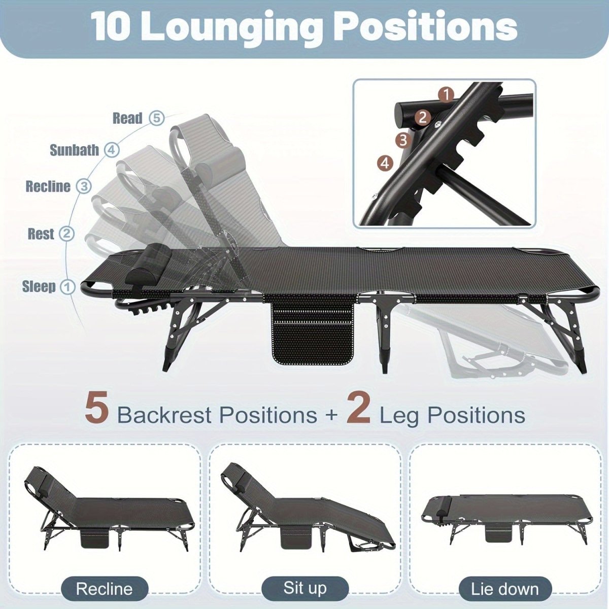 Sleeping Cots for Adults, 5 - Position Folding Chaise Lounge Chairs Outdoor, Portable Folding Bed Cot Lounge Chair for Beach Lawn Camping Pool Sun Tanning - SHOWLU FASHION STORE