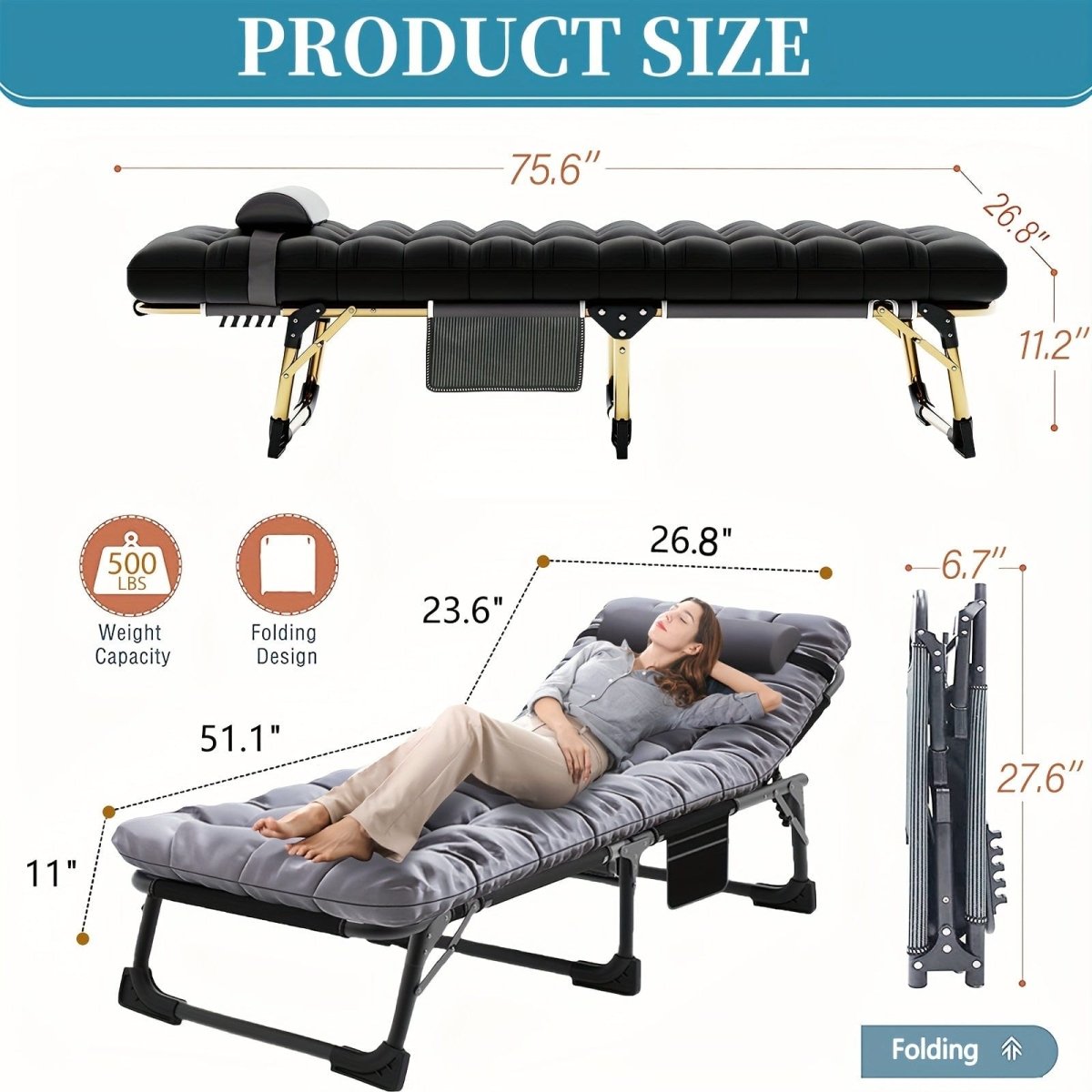 Sleeping Cots for Adults, 5 - Position Folding Chaise Lounge Chairs Outdoor, Portable Folding Bed Cot Lounge Chair for Beach Lawn Camping Pool Sun Tanning - SHOWLU FASHION STORE