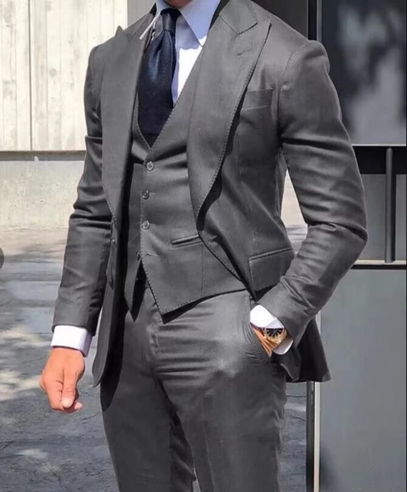 Solid Color Fashion Men Boutique Business Suits Wedding Suit Formal Groom Tuxedos 3 Pcs Set Dress Peak Lapel Blazer Vest Pants - SHOWLU FASHION STORE