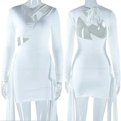 Solid Long Sleeve Cut Out Bodycon Mini Dresses Women Elegant Elastric V - neck Backless Bandage Ruched Nightclub Party Short Dress - SHOWLU FASHION STORE