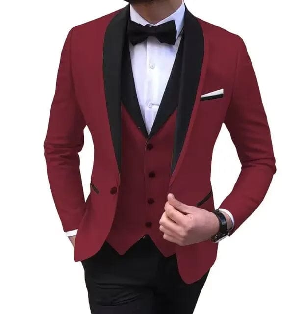 Solid Men's 3 Pieces Wedding Suit One Button Shawl Lapel Jacket Vest Pants Dinner Groom Tuxedos Slim Fit Formal Business Suits - SHOWLU FASHION STORE