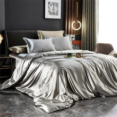 Solid Silk Bedding Set with Duvet Cover Bed Sheet Pillowcases Luxury Satin Single Double Bedsheet King Queen Twin Size - SHOWLU FASHION STORE