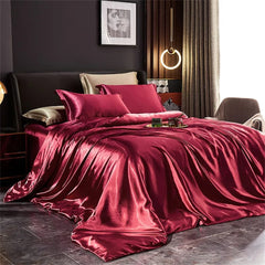Solid Silk Bedding Set with Duvet Cover Bed Sheet Pillowcases Luxury Satin Single Double Bedsheet King Queen Twin Size - SHOWLU FASHION STORE