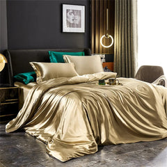 Solid Silk Bedding Set with Duvet Cover Bed Sheet Pillowcases Luxury Satin Single Double Bedsheet King Queen Twin Size - SHOWLU FASHION STORE