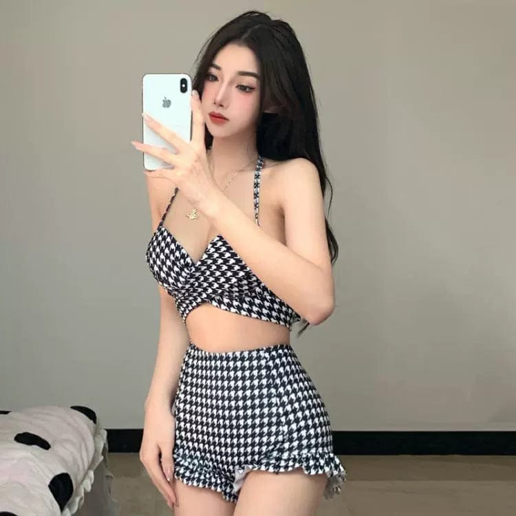Song Zhiya Same Style Single Is Hell Sexy Slim Cover Belly Hot Spring High Waist Houndstooth Swimsuit Women's Bikini - SHOWLU FASHION STORE