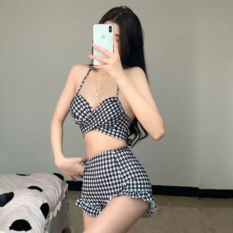 Song Zhiya Same Style Single Is Hell Sexy Slim Cover Belly Hot Spring High Waist Houndstooth Swimsuit Women's Bikini - SHOWLU FASHION STORE