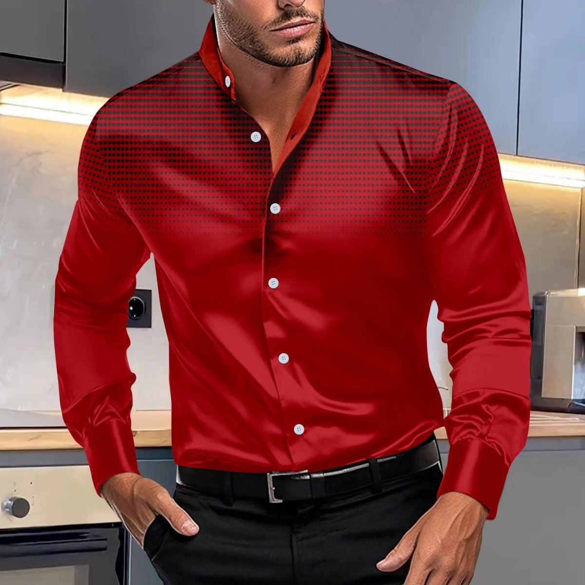 Spring and autumn new men's casual four - sided elastic polka dot fashion print comfortable standing collar long sleeve shirt - SHOWLU FASHION STORE