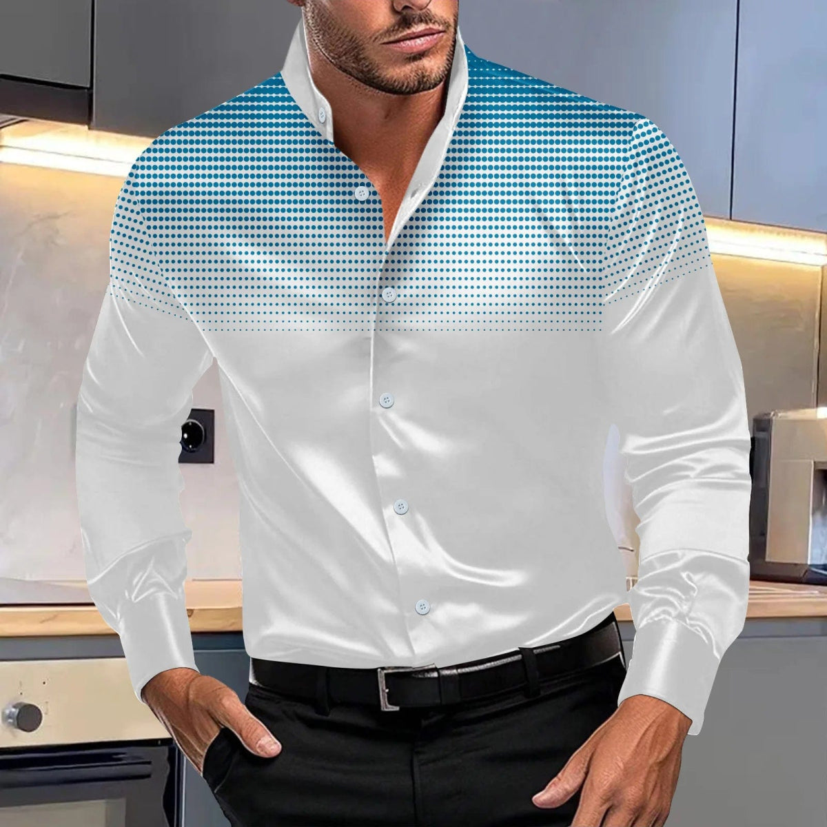 Spring autumn men's fashion evening dress four round polka dot printed long - sleeved shirt stand collar gradient top - SHOWLU FASHION STORE