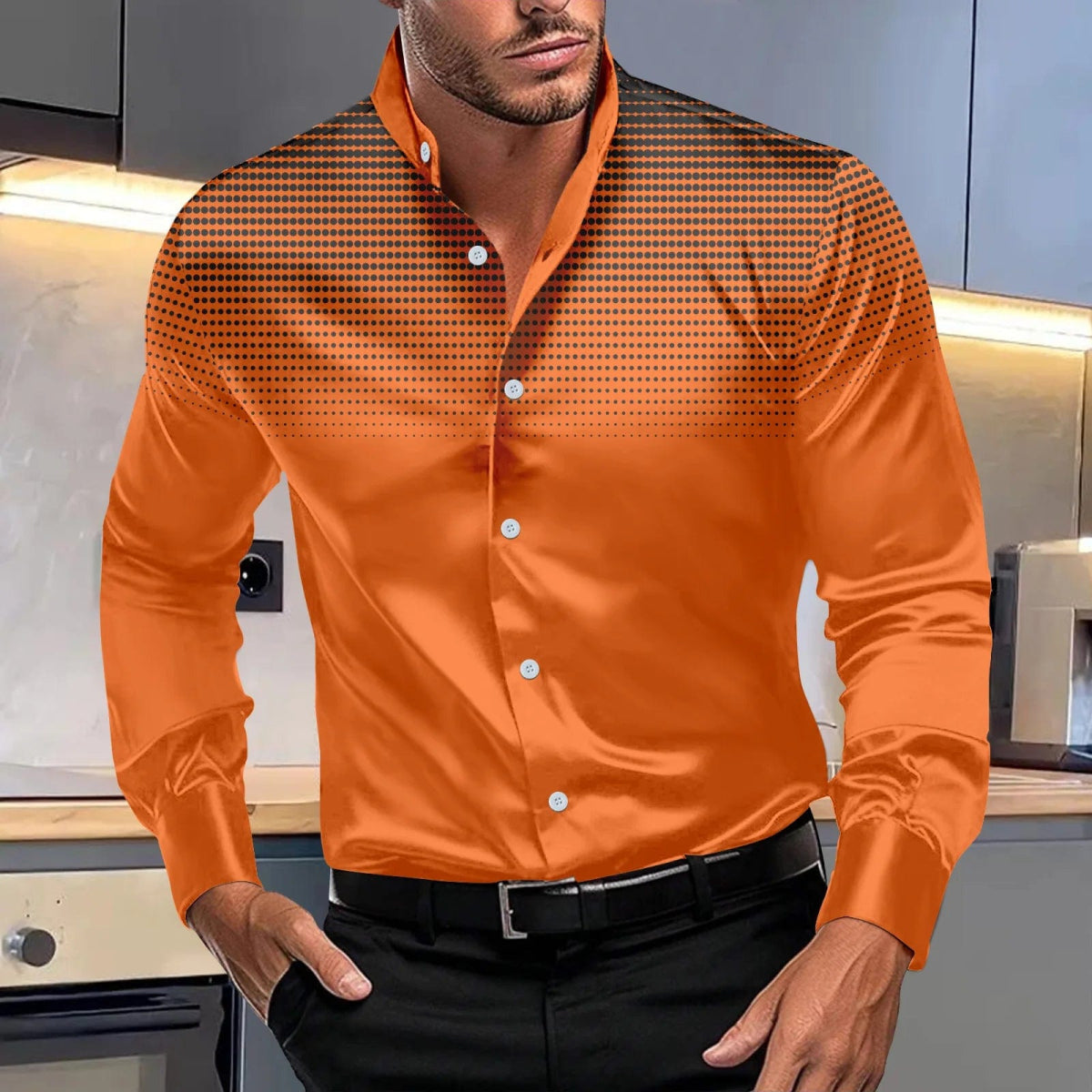 Spring autumn men's fashion evening dress four round polka dot printed long - sleeved shirt stand collar gradient top - SHOWLU FASHION STORE
