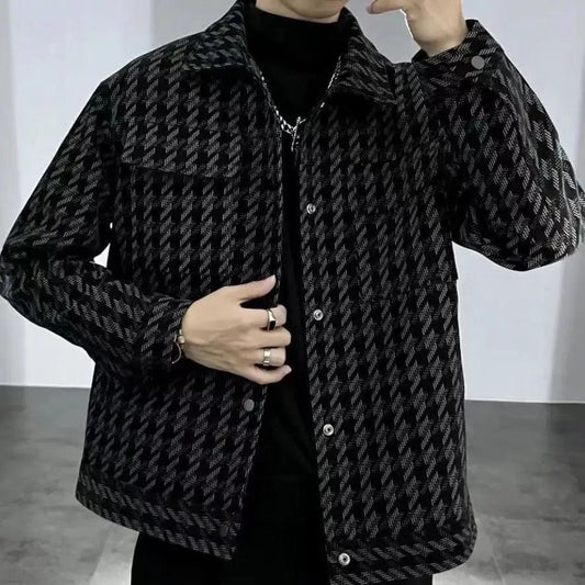 Square Collar Jacket Men's Casual Versatile Thousand Bird Plaid Jacket Korean Version Handsome Men's Jacket - SHOWLU FASHION STORE