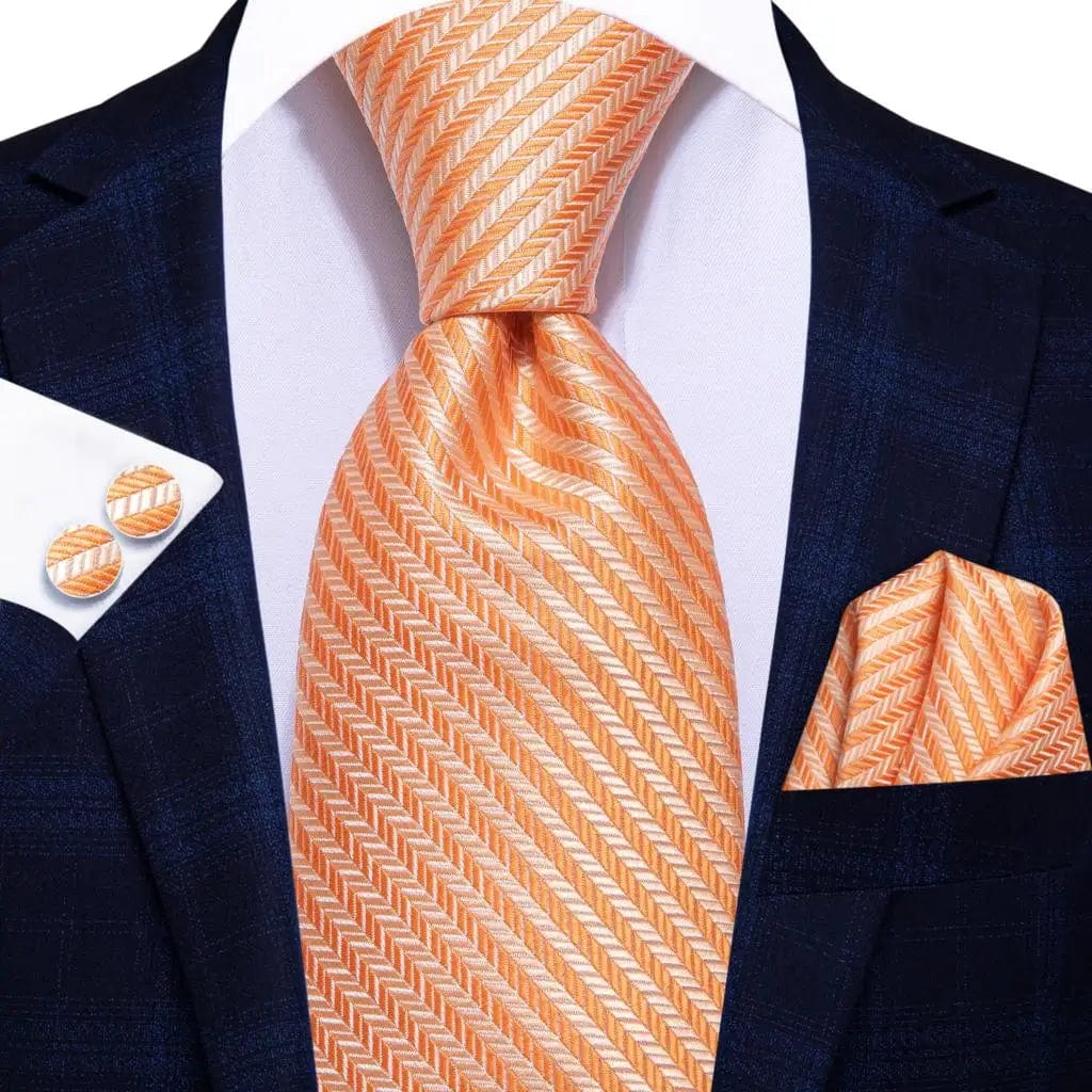Striped Orange Tie For Men 2023 New Elegant Mens Necktie Pocket Square Cufflinks Groom Wedding Accessory Hi - Tie Design Wholesale - SHOWLU FASHION STORE