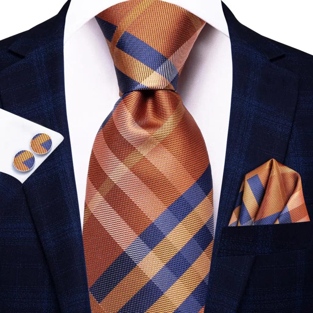 Striped Orange Tie For Men 2023 New Elegant Mens Necktie Pocket Square Cufflinks Groom Wedding Accessory Hi - Tie Design Wholesale - SHOWLU FASHION STORE