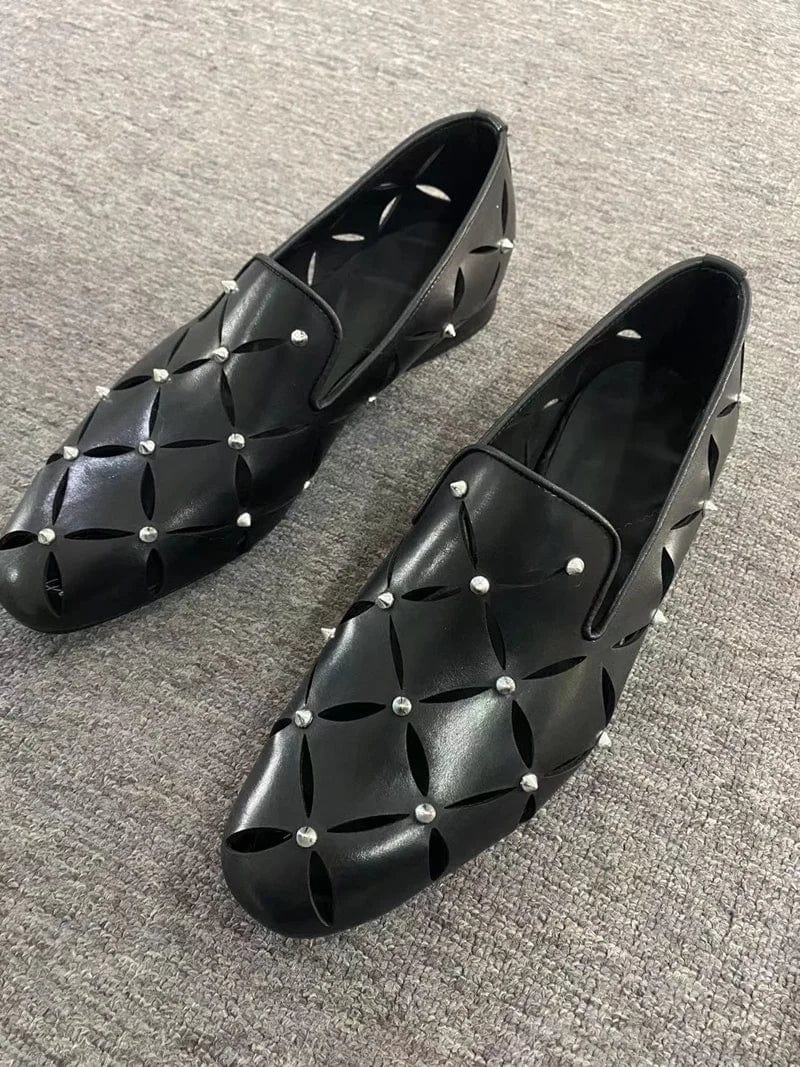 Stylish Hollow Out Black Soft Leather Men Shoes Cowhide Summer Spiked Loafers Breathable Business Casual Shoes Sandals For Men - SHOWLU FASHION STORE