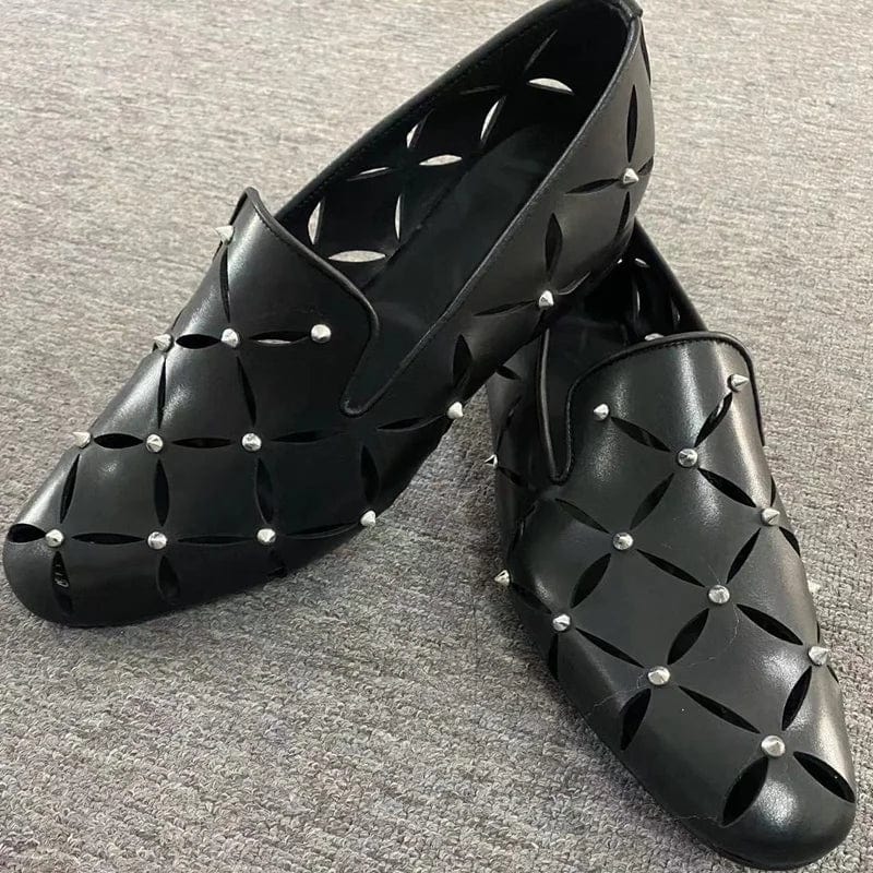 Stylish Hollow Out Black Soft Leather Men Shoes Cowhide Summer Spiked Loafers Breathable Business Casual Shoes Sandals For Men - SHOWLU FASHION STORE