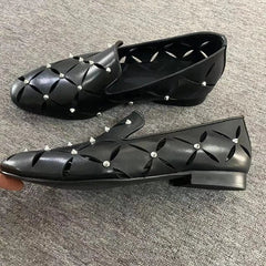 Stylish Hollow Out Black Soft Leather Men Shoes Cowhide Summer Spiked Loafers Breathable Business Casual Shoes Sandals For Men - SHOWLU FASHION STORE
