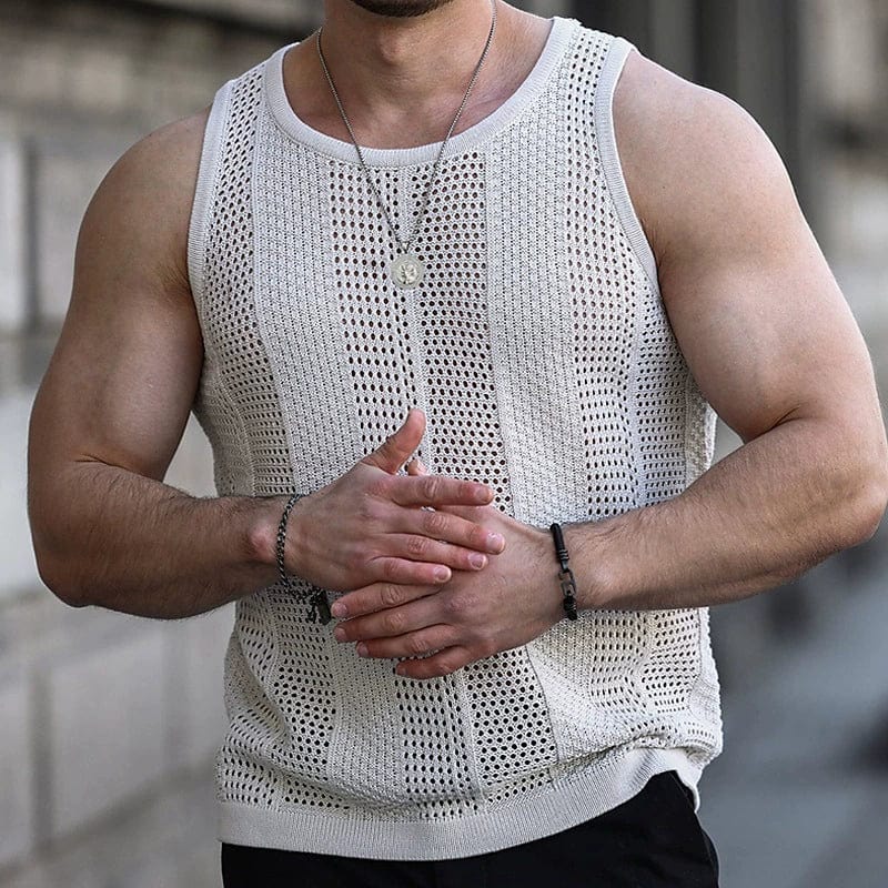 Summer 2024 Export Men's Clothing Fashion White Mesh Knitting Vest Thin Silm Sleeveless Bottoming Shirt Men Vest - SHOWLU FASHION STORE